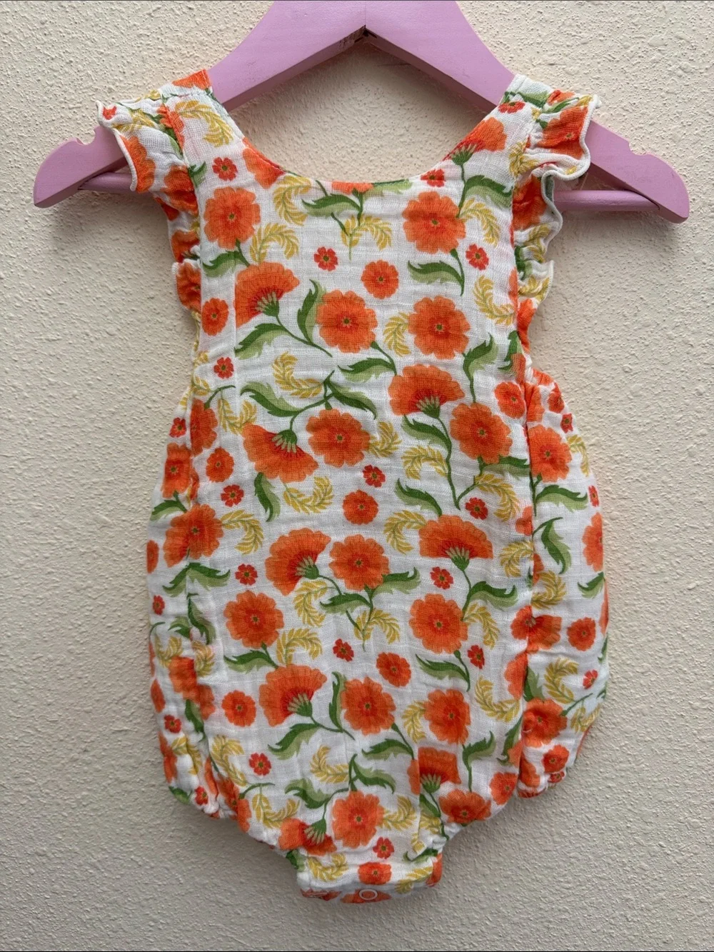 Angel Dear Muslin Orange Marigold Ruffle Sun Bubble Baby Romper Size 6-12 Month
